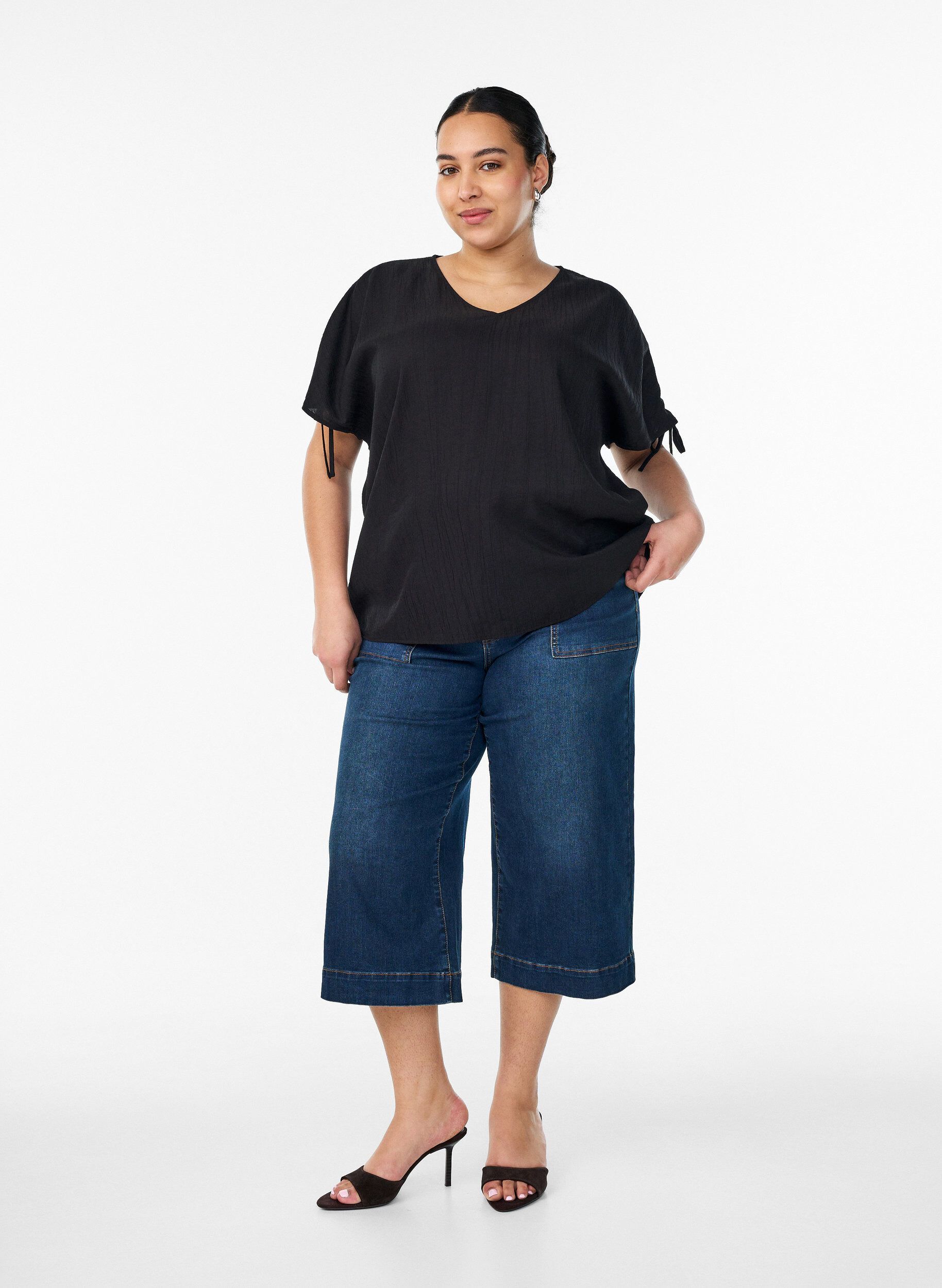 ZizziViscose blouse met geplooide mouwen, Zwart, Model image number 1