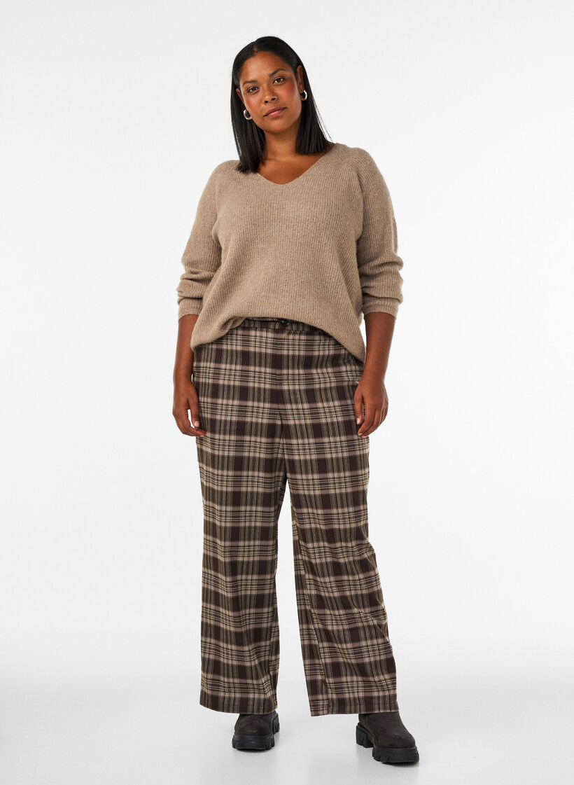 Pantalon &agrave; carreaux &agrave; jambes amples, Marron, Model
