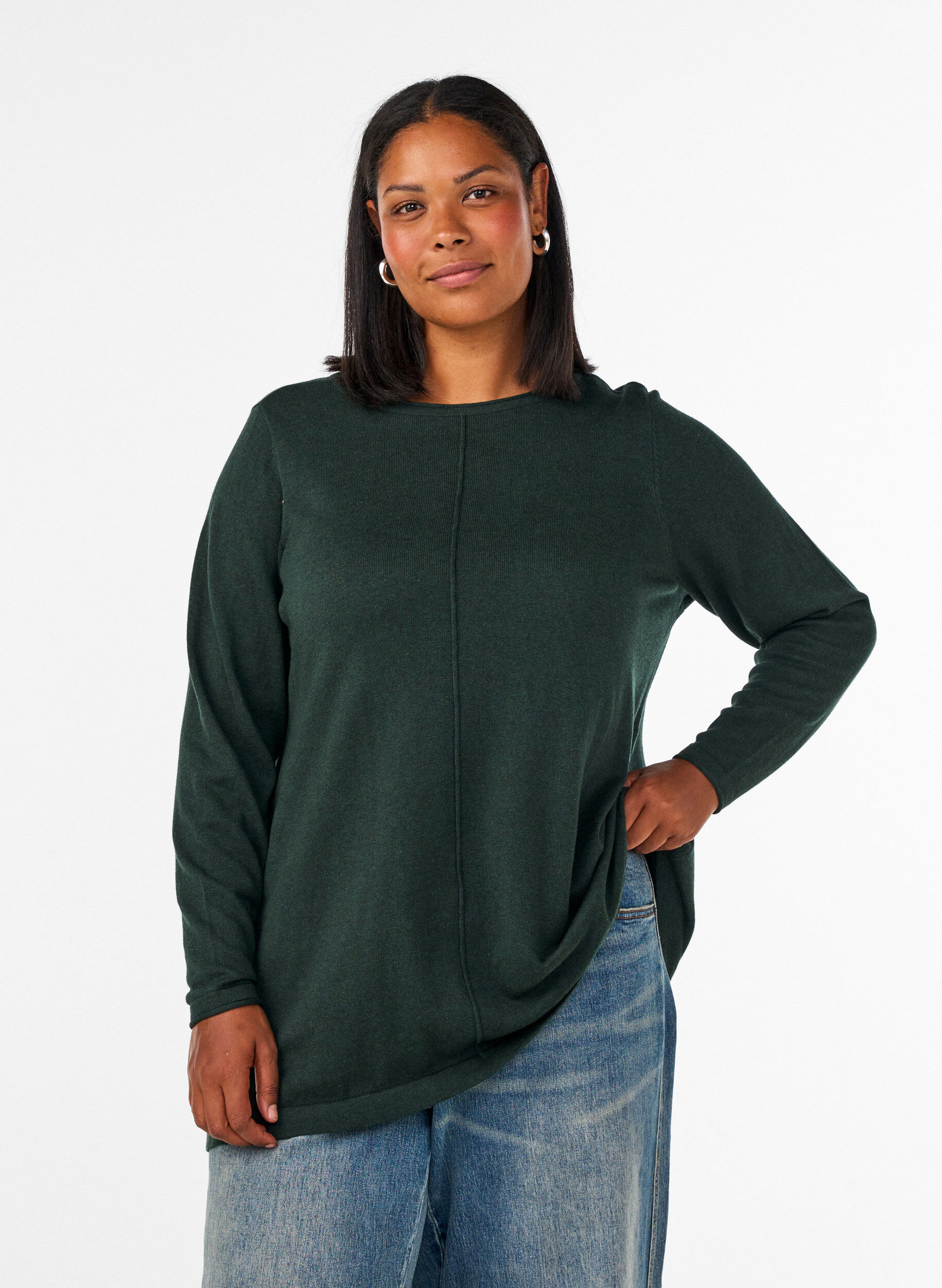 Blouse tricot&eacute;e en m&eacute;lange coton-viscose, Vert fonc&eacute;, Model
