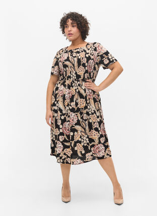 Viscose jurk met print en smokwerk, Paisley Flower, Model image number 2