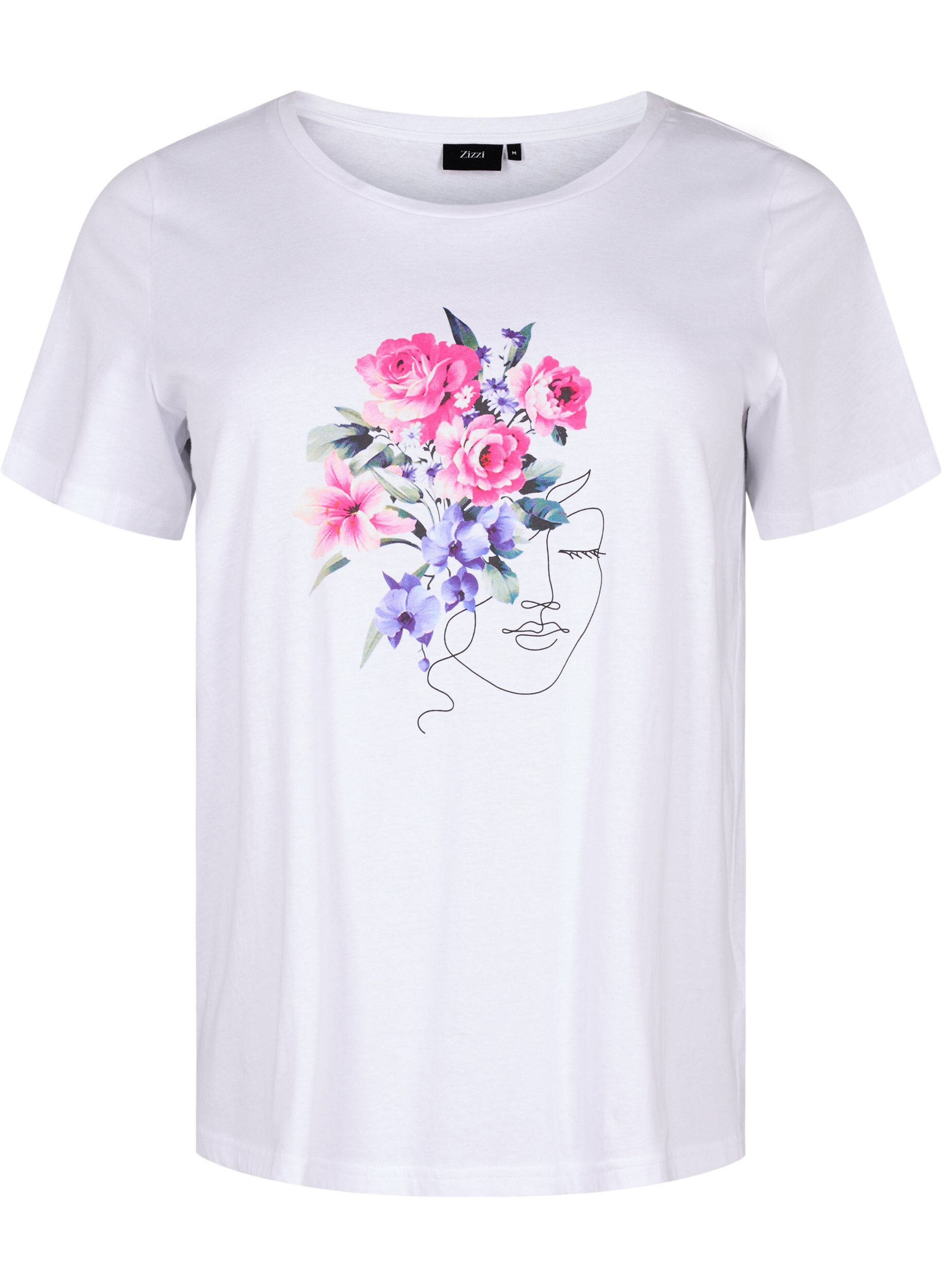 Zizzi T-shirt en coton avec motifs de fleurs et de portrait, B. White Face Flower, Packshot image number 0