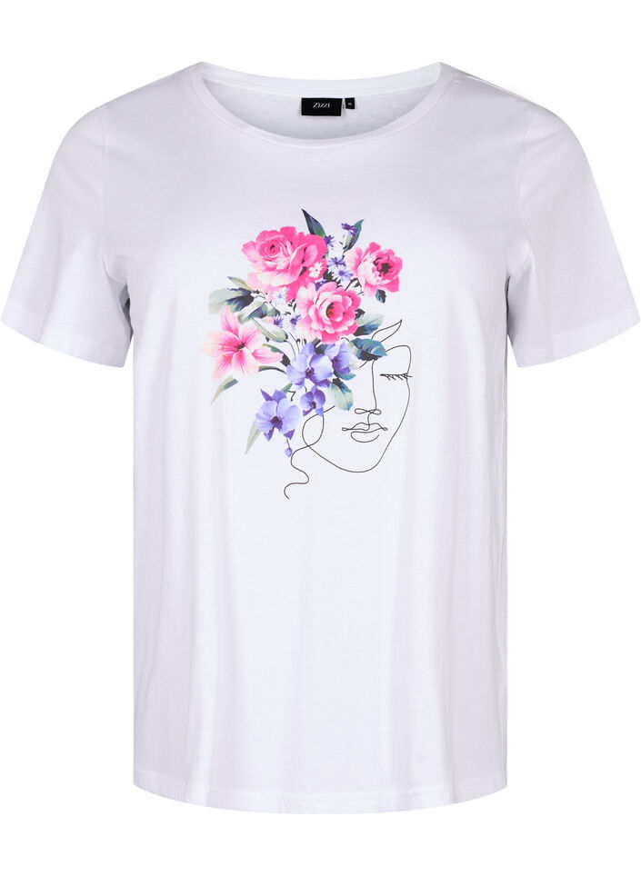 Katoenen T-shirt met bloemen en portret, B. White Face Flower, Packshot image number 0