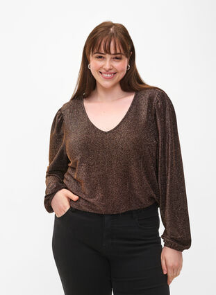 Glitter blouse met pofmouwen, Black Copper, Model image number 0