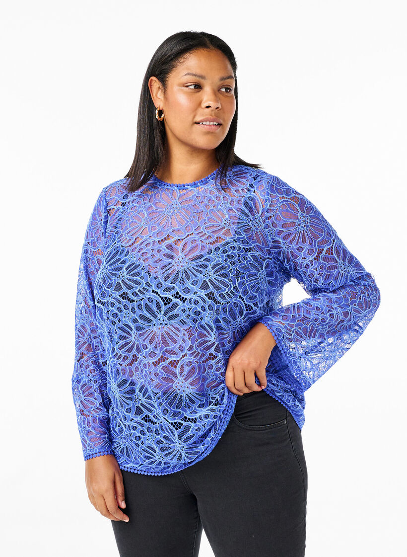 Kanten blouse met ronde hals en lange mouwen, Blauw, Model image number 0