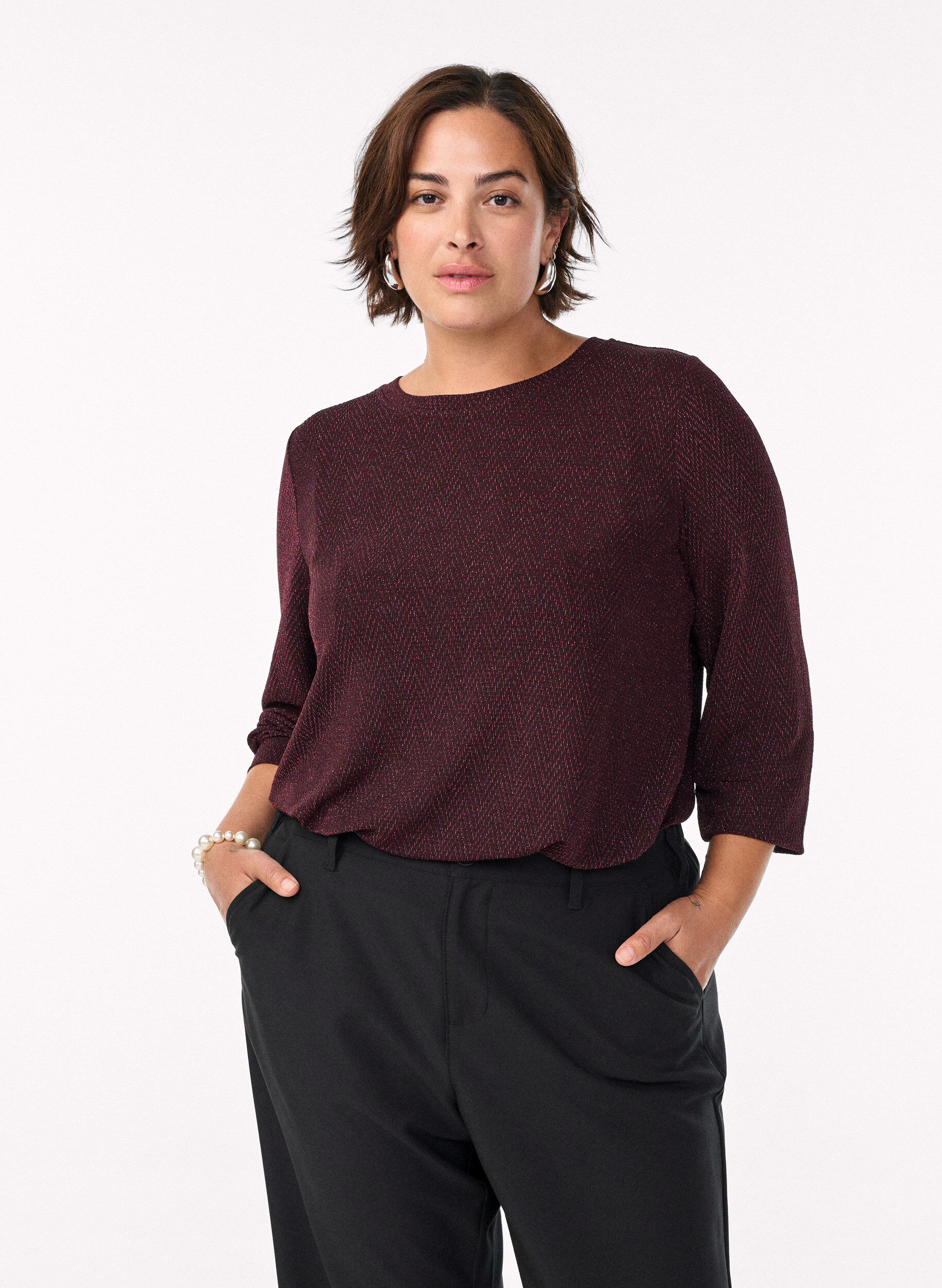 Blouse avec motif &agrave; chevrons et fil paillet&eacute;, Bordeaux fonc&eacute;, Model
