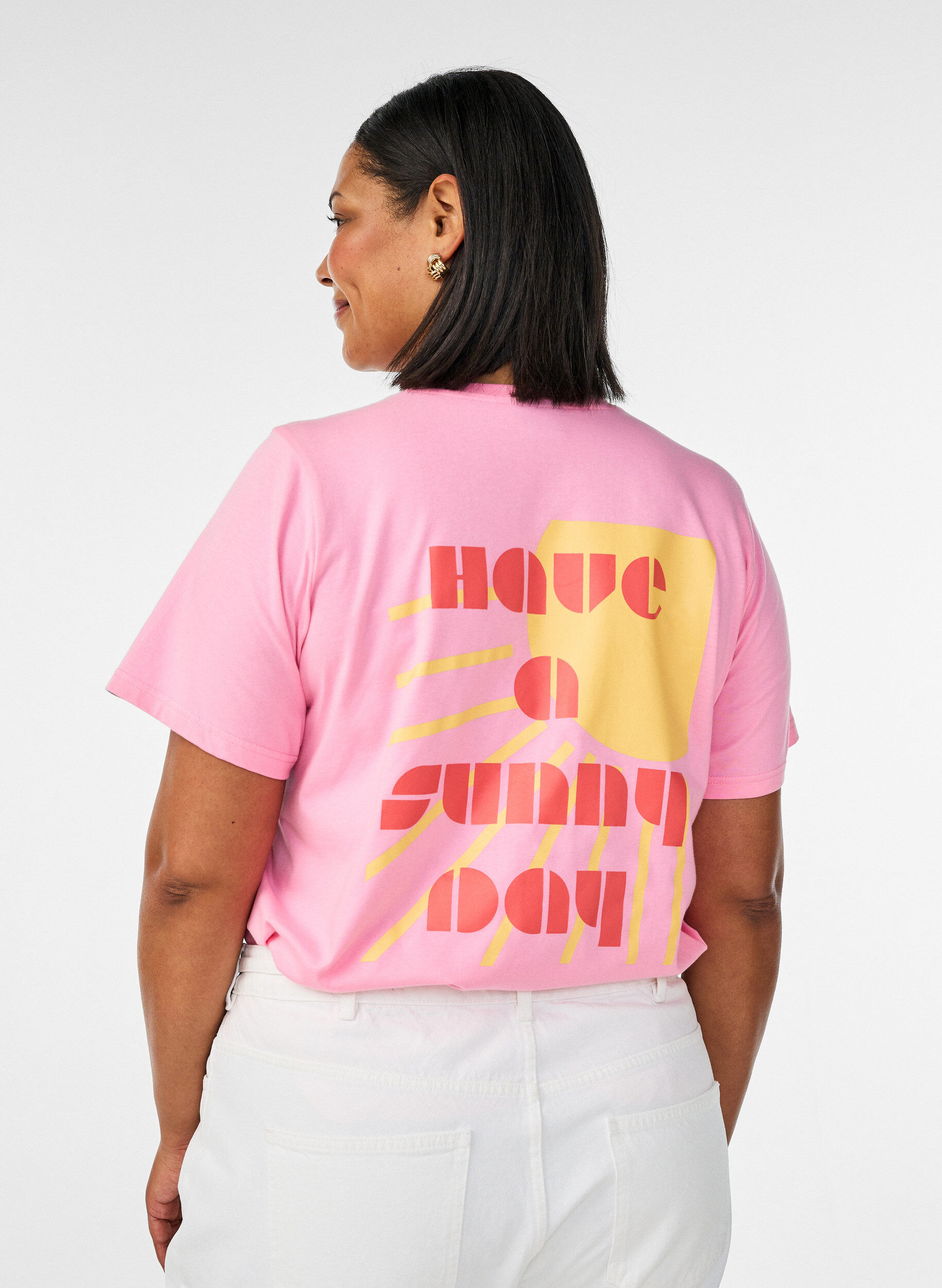 ZizziT-shirt en coton biologique avec motif de texte, Rose, Model image number 2