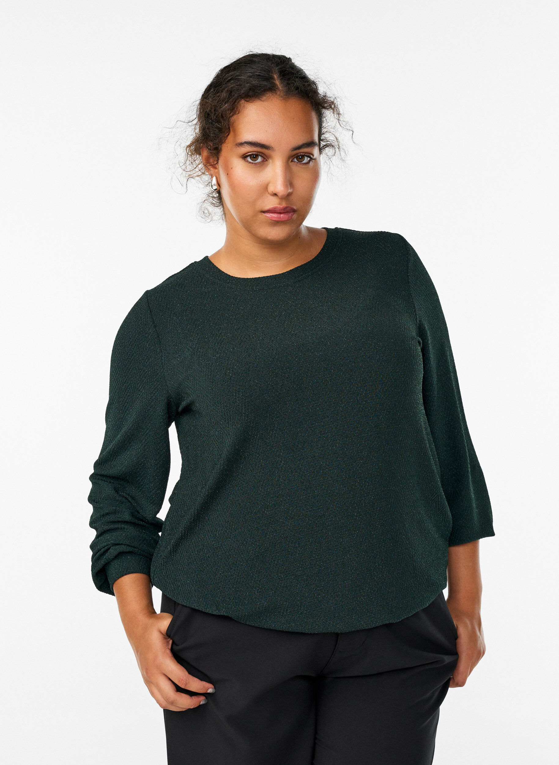 Blouse met visgraatpatroon en glinsterend garen, Groen, Model