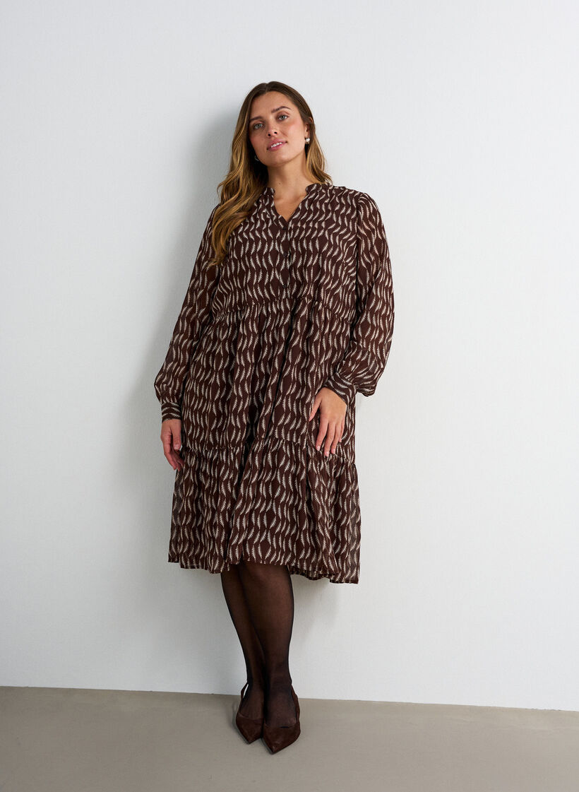 Robe &agrave; imprim&eacute; int&eacute;gral et volant superpos&eacute;, Marron, Model image number 0
