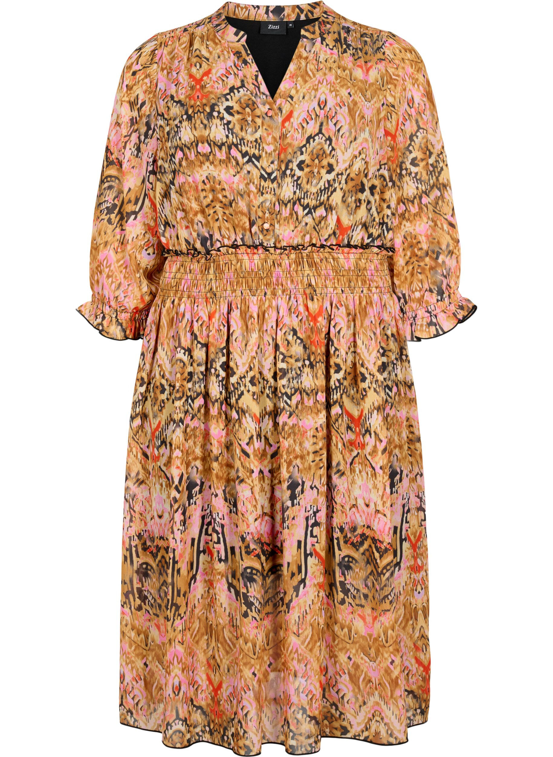 ZizziMidi-jurk met print, smock en 3/4-mouwen, Colorful Ethnic, Packshot image number 0