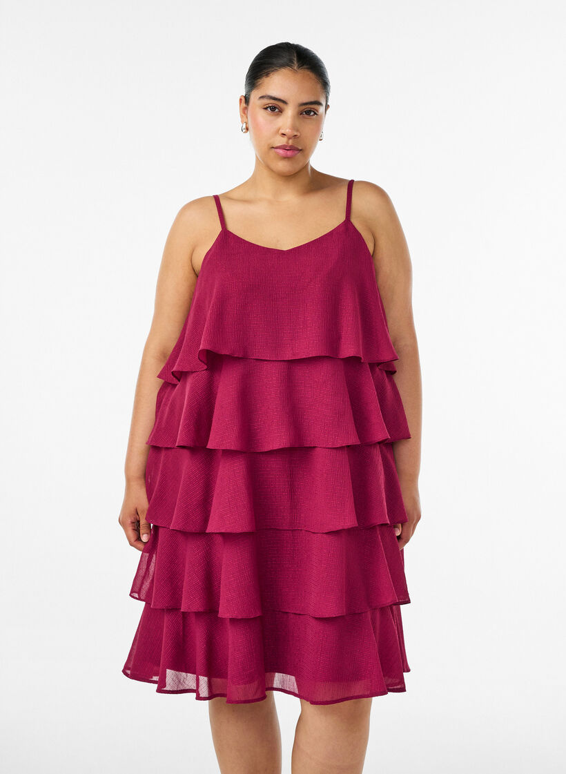 Robe &agrave; volants superpos&eacute;s avec fines bretelles, Rouge, Model image number 0