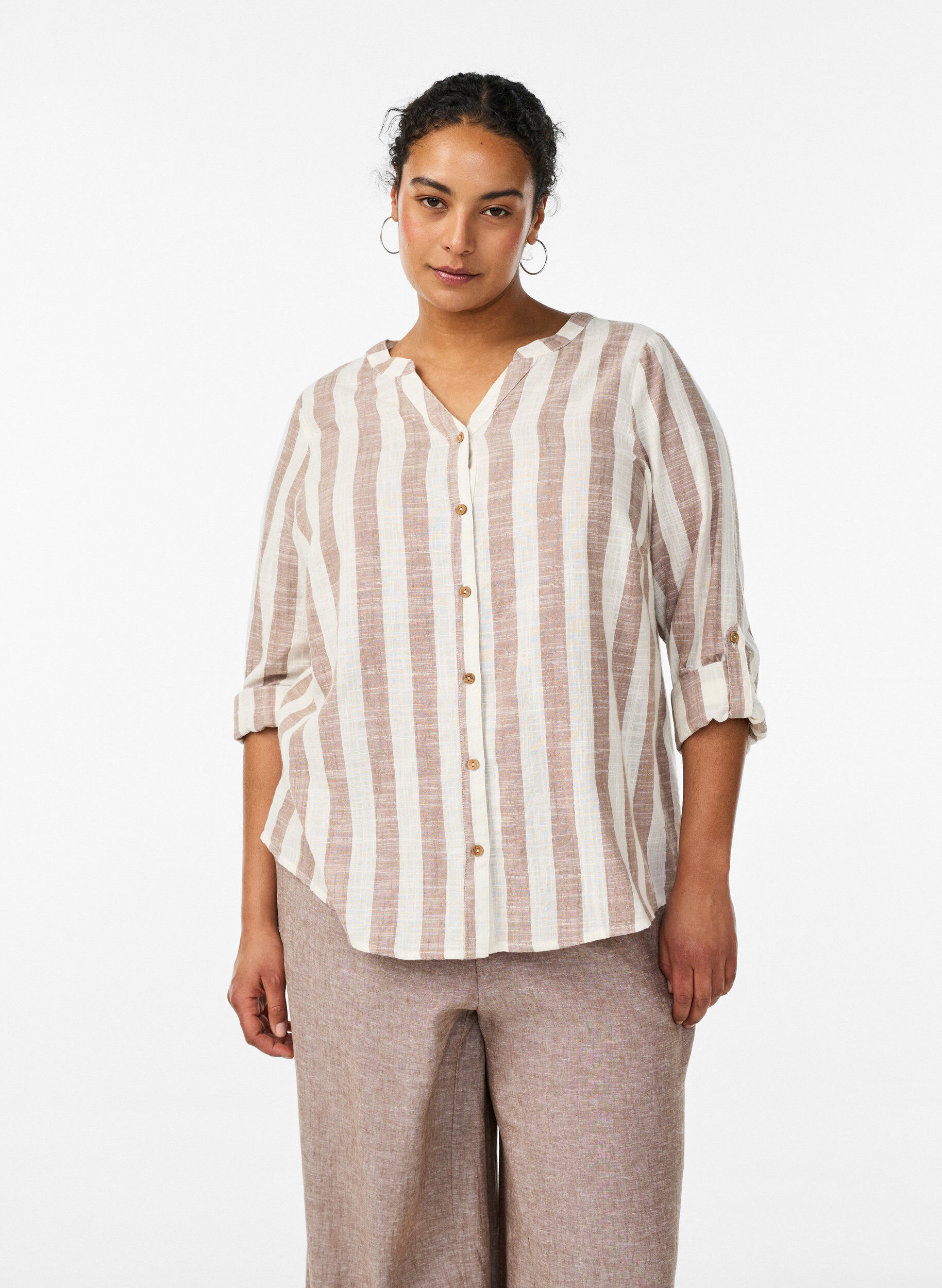 ZizziKatoenen blouse met V-hals, Beige, Model image number 0