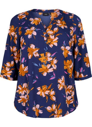 Gebloemde blouse met 3/4 mouwen, Peacoat Flower AOP, Packshot image number 0