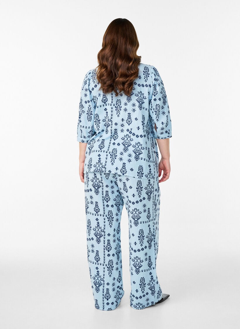 Pantalon ample en mousseline de coton &agrave; pois, Bleu Clair, Model image number 1