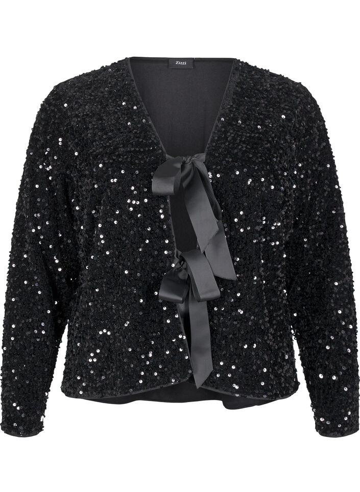 Pailletten blouse met strikdetails, Black, Packshot image number 0