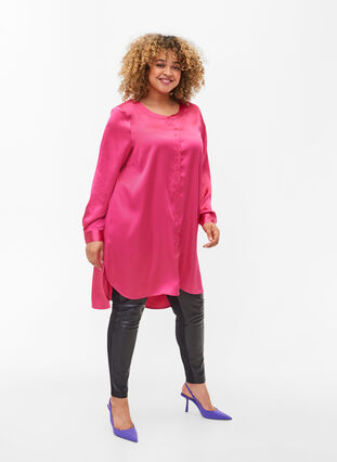 Longue chemise brillante avec fente, Pink Flambé, Model image number 2