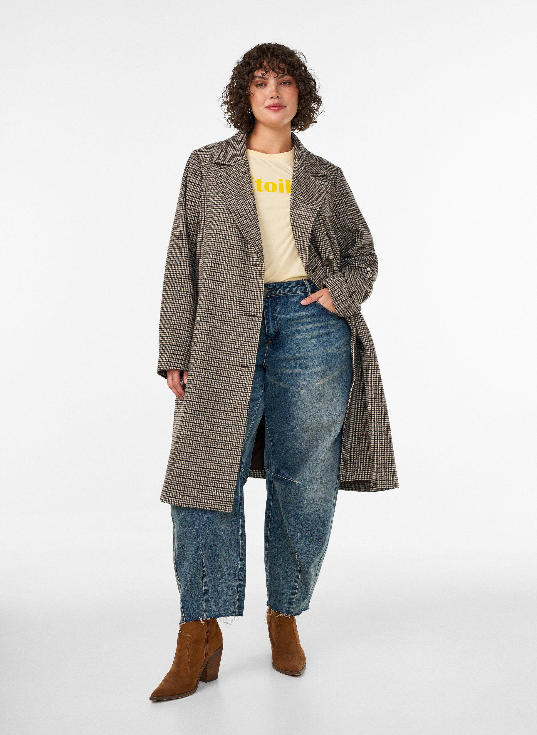 ZizziHalflange geruite jas, Bruin, Model image number 0