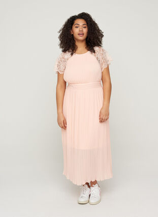 Plissé jurk met korte mouwen, kant en smokwerk, Rose Smoke, Model image number 3