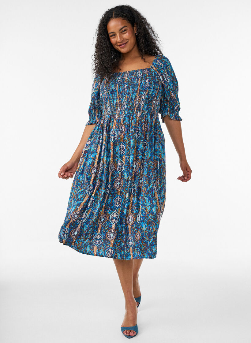 Robe d'&eacute;t&eacute; en viscose &agrave; imprim&eacute; paisley, Bleu, Model image number 0