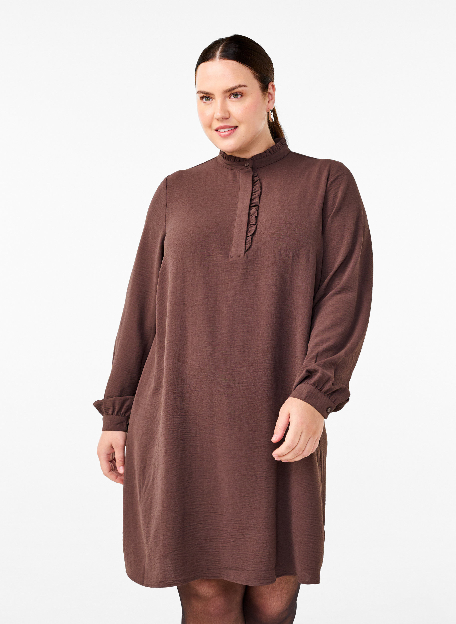 ZizziJurk met lange mouwen en details met ruches, Chocolate Martini, Model image number 0