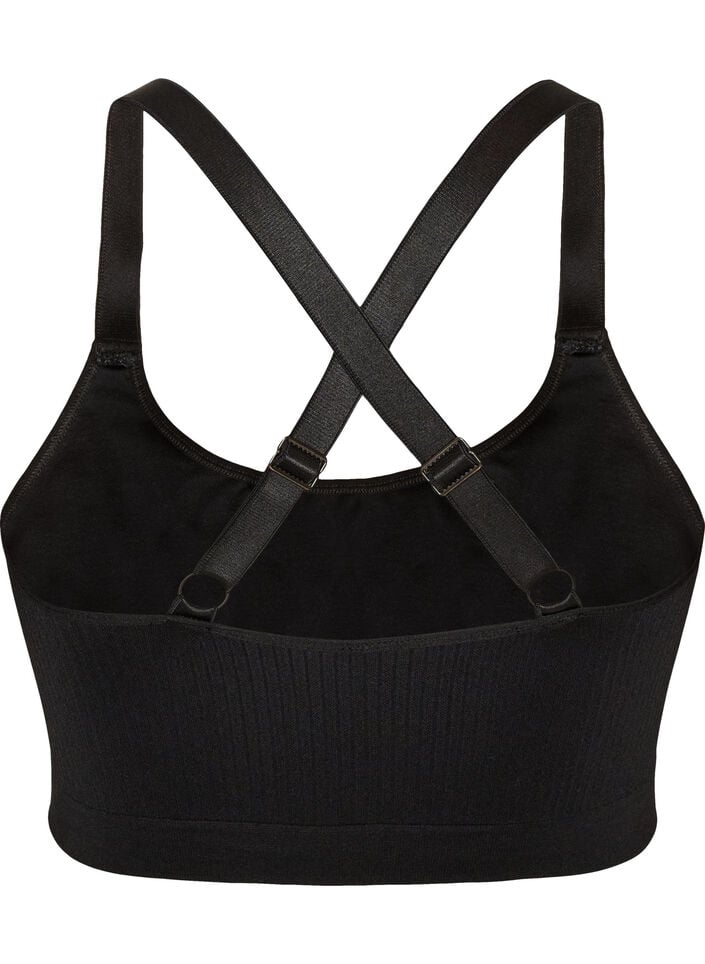 Naadloze geribde sportbeha, Zwart, Packshot image number 1