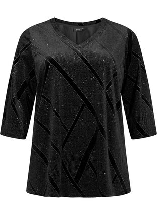 Velours blouse met glitter en 3/4 mouwen, Black, Packshot image number 0