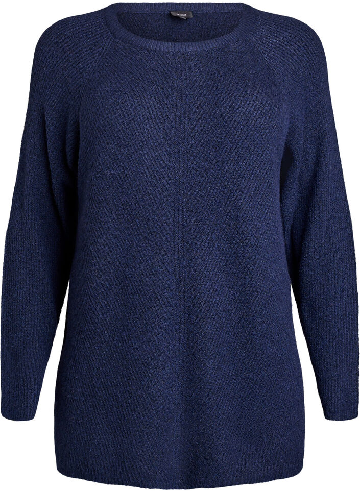 Pull en maille à motif diagonal et manches raglan, Bleu, Packshot image number 0