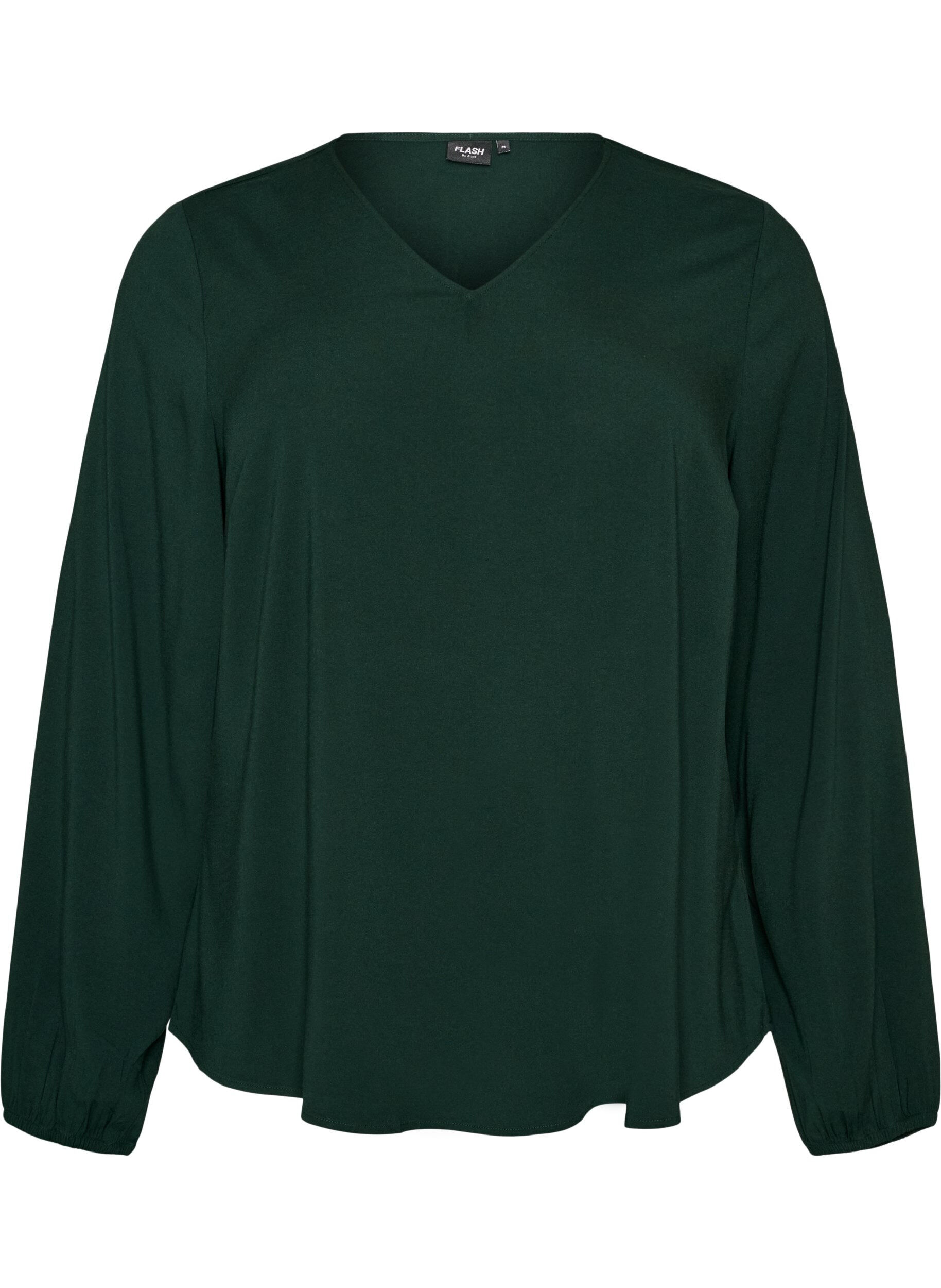 ZizziViscose blouse met V-hals en afgeronde zoom, Groen, Packshot image number 0
