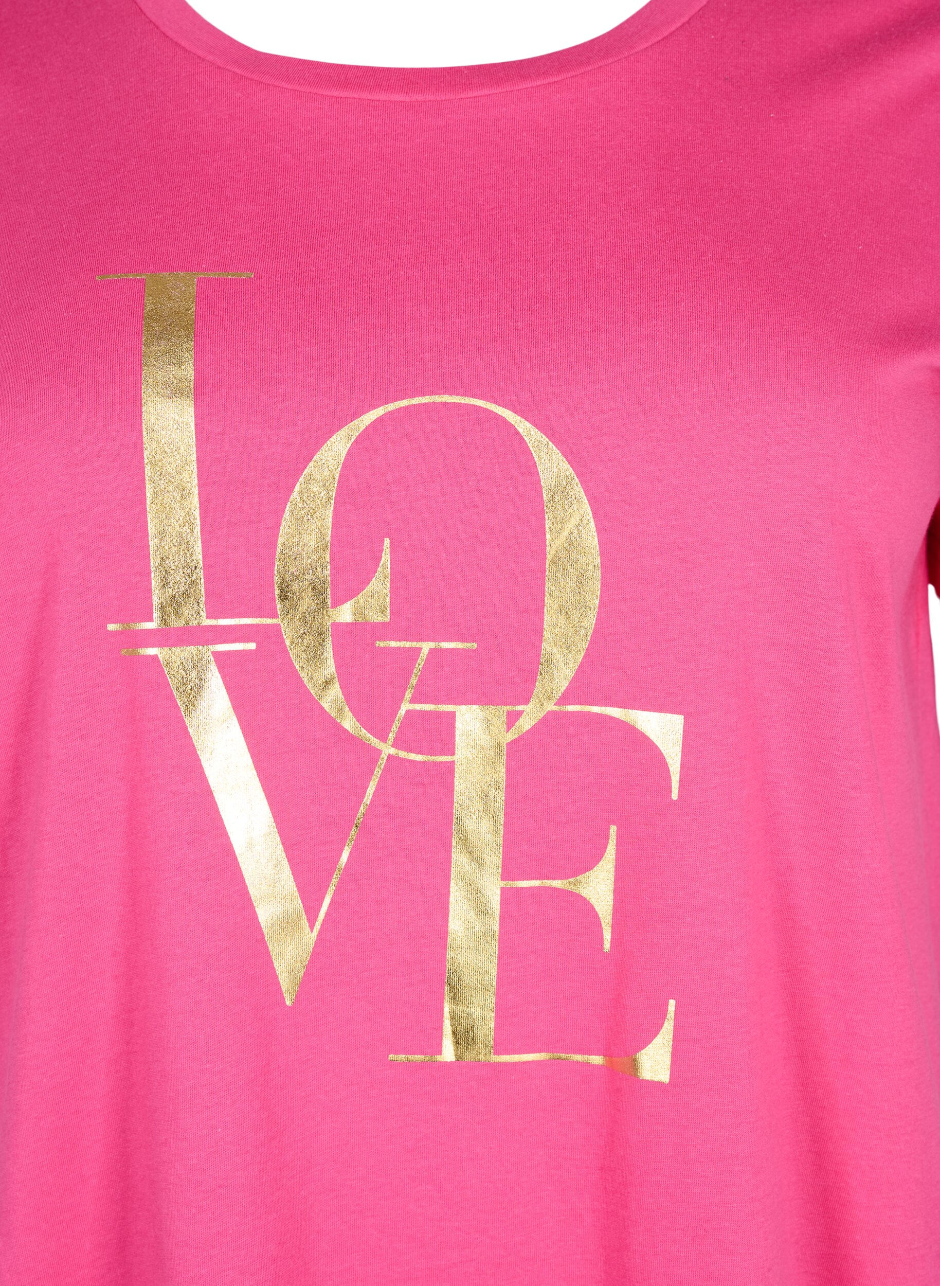 Zizzi T-shirt en coton avec texte dor&eacute;, R.Sorbet w.Gold Love, Packshot image number 2