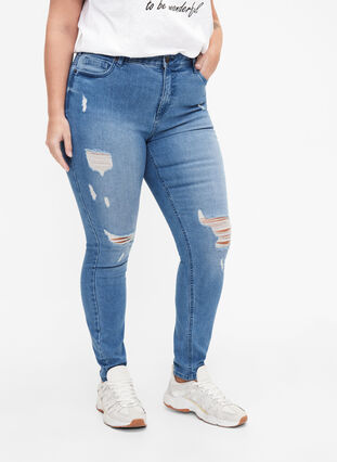 Jeans Amy avec une coupe super slim et des détails déchirés, Blue denim, Model image number 2