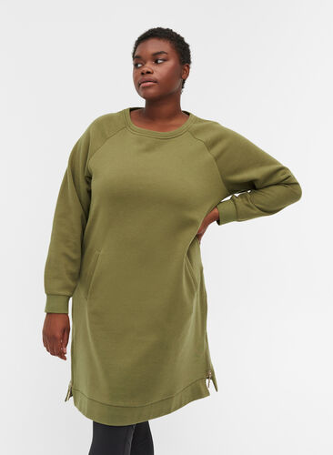 Robe pull avec poches et fente, Olive Drab, Model image number 0