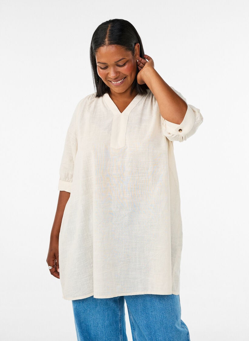 Katoenen tuniek met V-hals, Vanille, Model image number 0