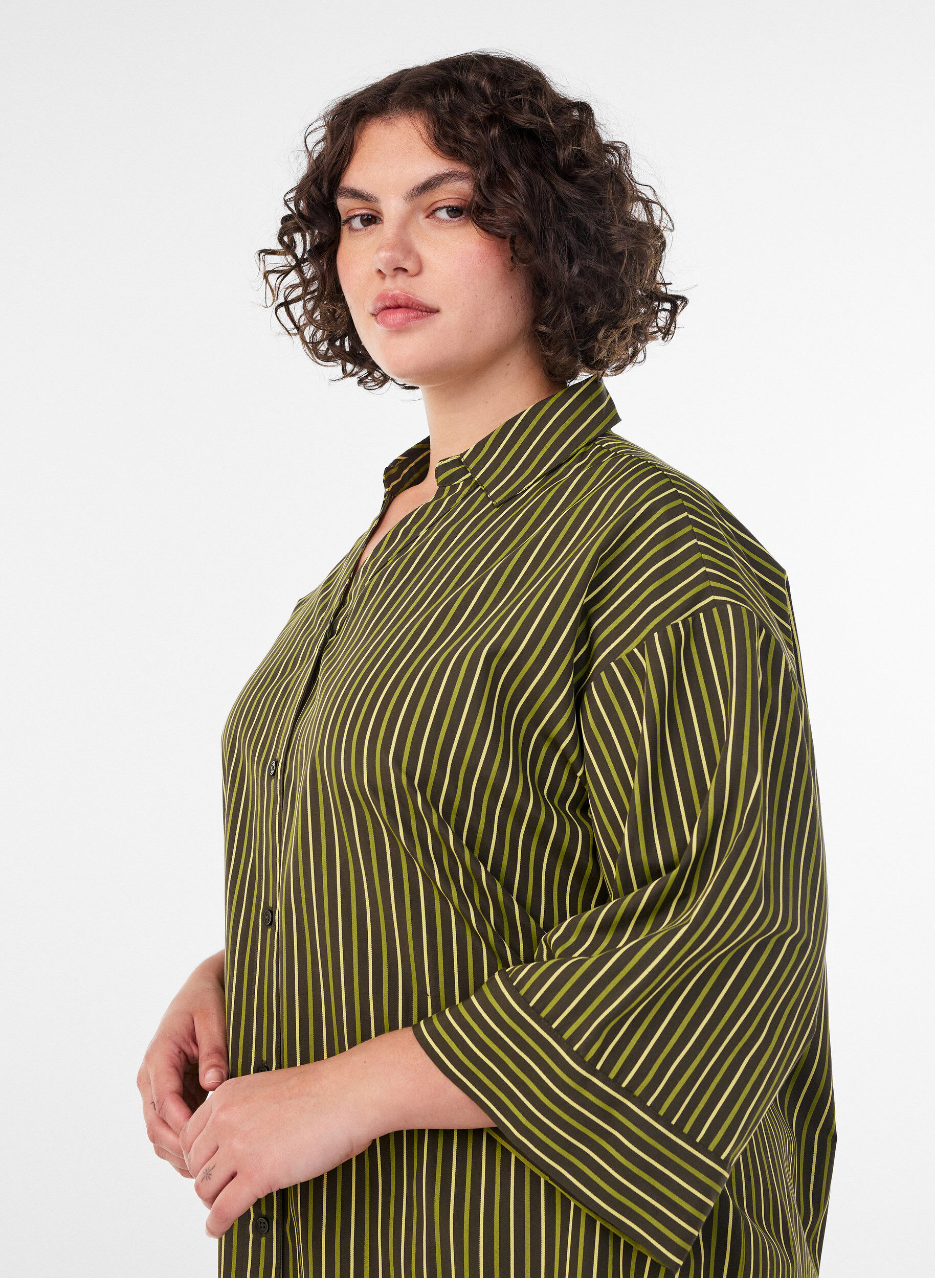 ZizziLosse gestreepte shirt met 3/4 mouwen, Groen, Model image number 3