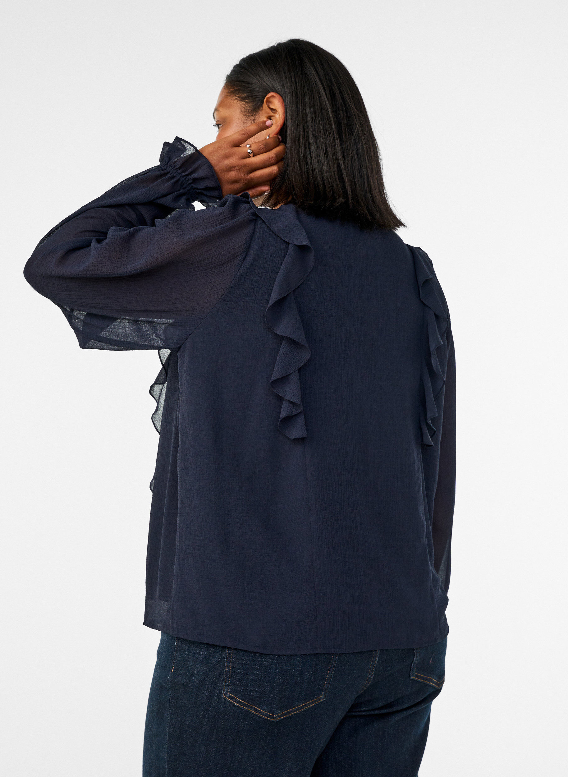 ZizziTransparante blouse met ruches en striksluiting, Blauw, Model image number 2