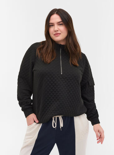 Gewatteerde sweater met rits, Black, Model image number 0