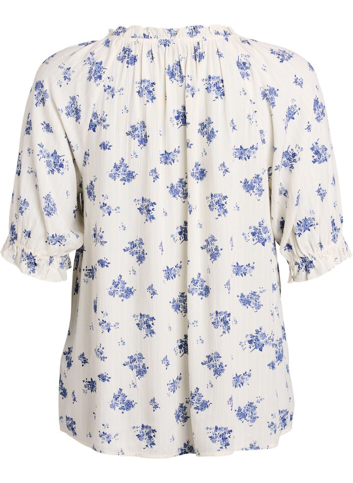 Blouse en viscose &agrave; fleurs avec manches mi-longues, Blanc, Packshot image number 1