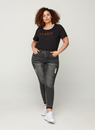 Katoenen t-shirt met korte mouwen en a-lijn, Black, Model image number 2