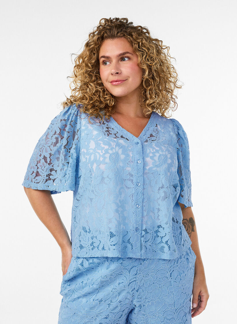 Short en dentelle taille haute avec poches, Bleu, Model image number 0