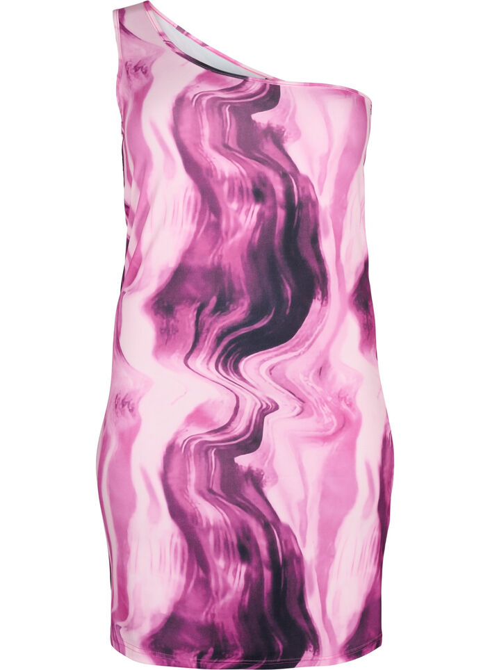 Nauwsluitende one-shoulder jurk met print, Raspberry Rose AOP, Packshot image number 0