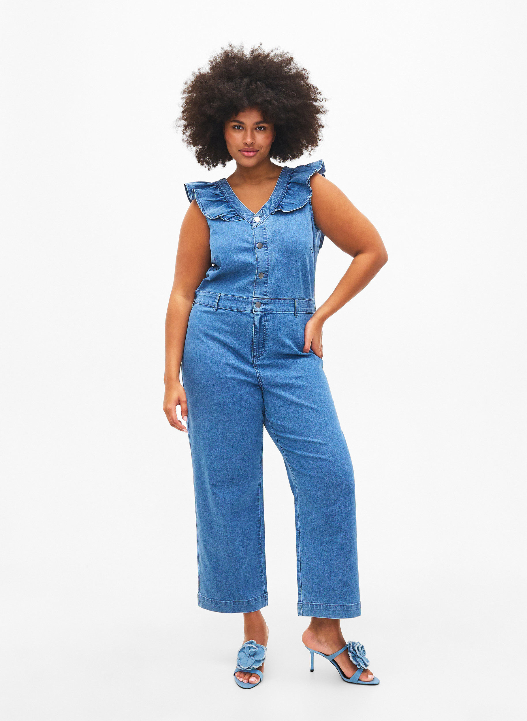 ZizziDenim jumpsuit met ruches, Light Blue Denim, Model image number 0