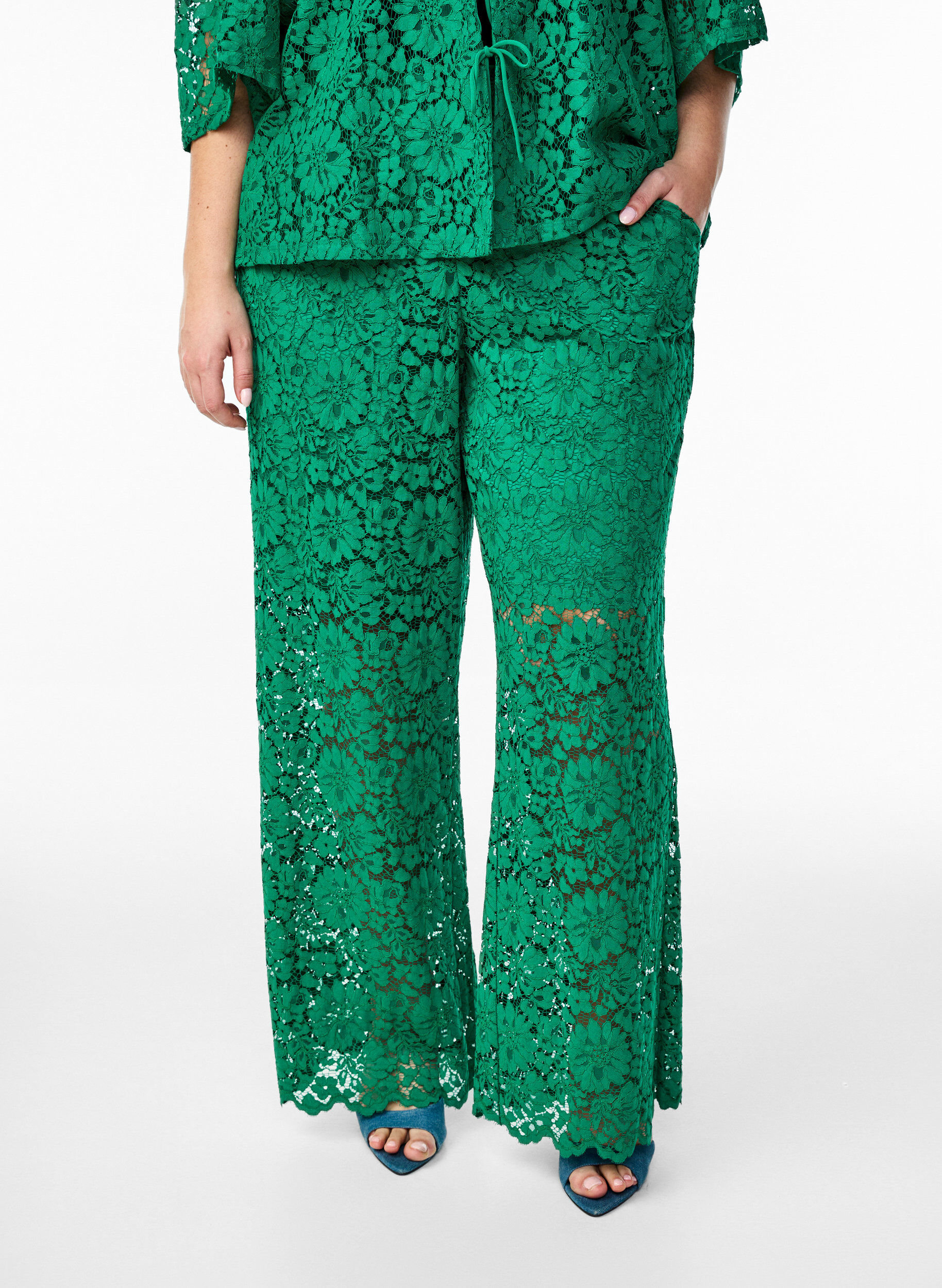 ZizziKanten broek met hoge taille en zakken, Groen, Model image number 2