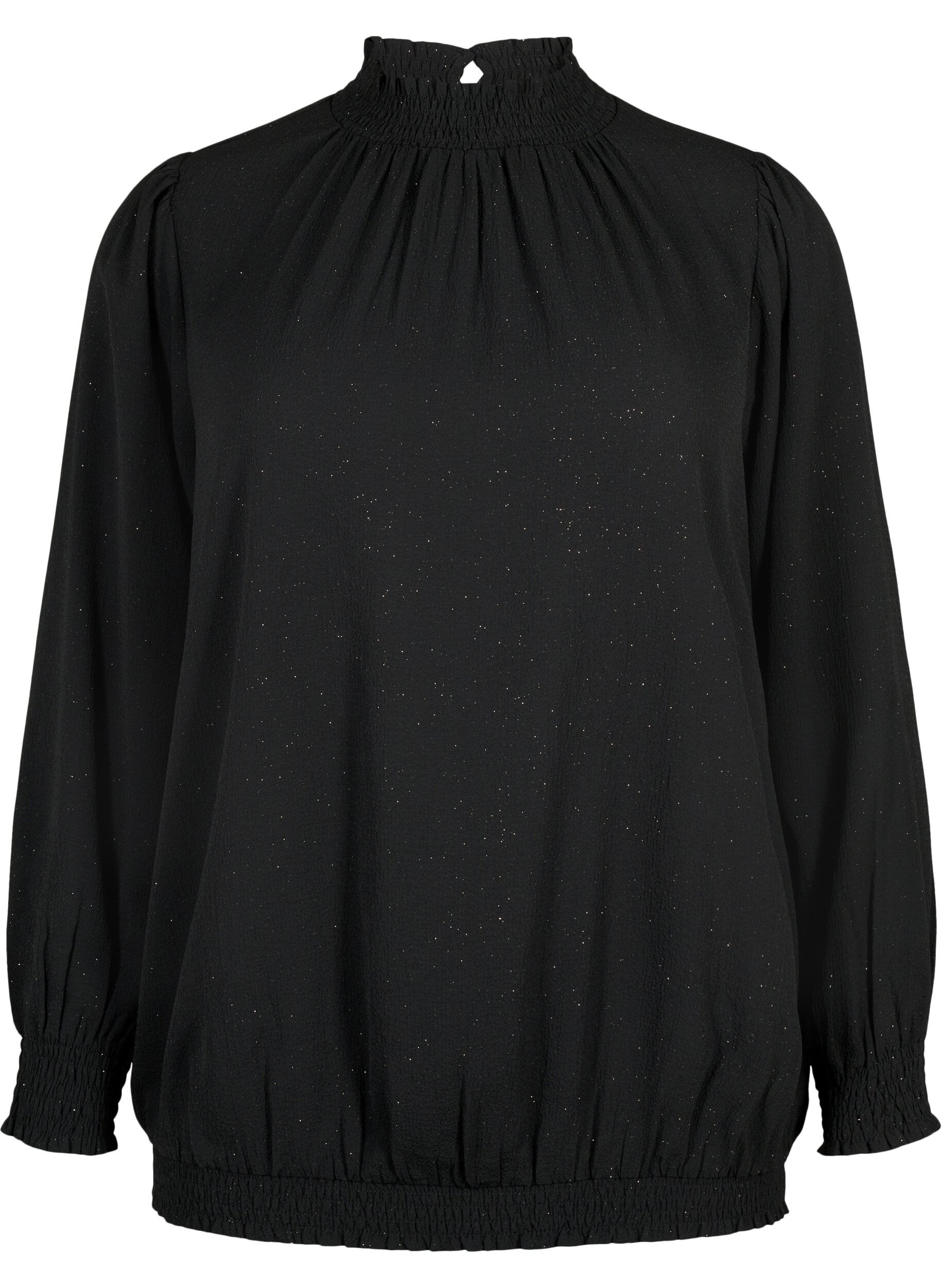 ZizziFLASH - Blouse met lange mouwen, smok en glitter	, Black w. Silver, Packshot image number 0