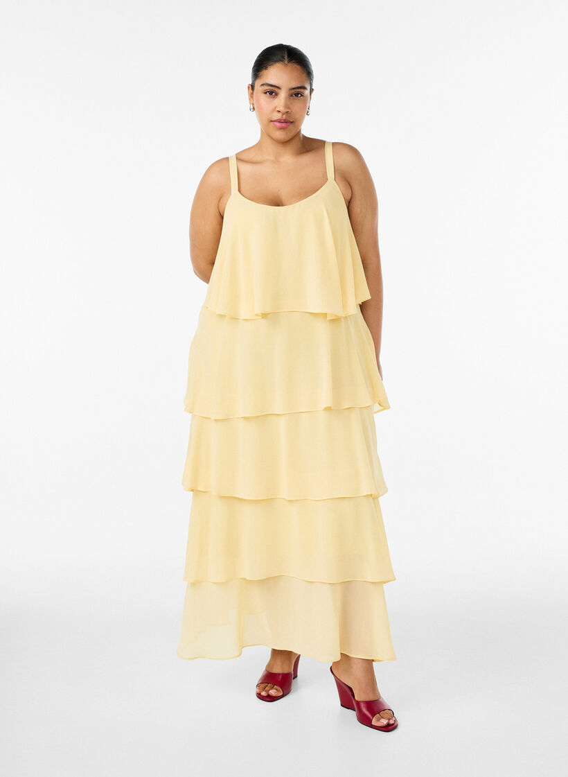 Robe maxi avec plusieurs couches de volants et cape amovible, Jaune clair, Model image number 0