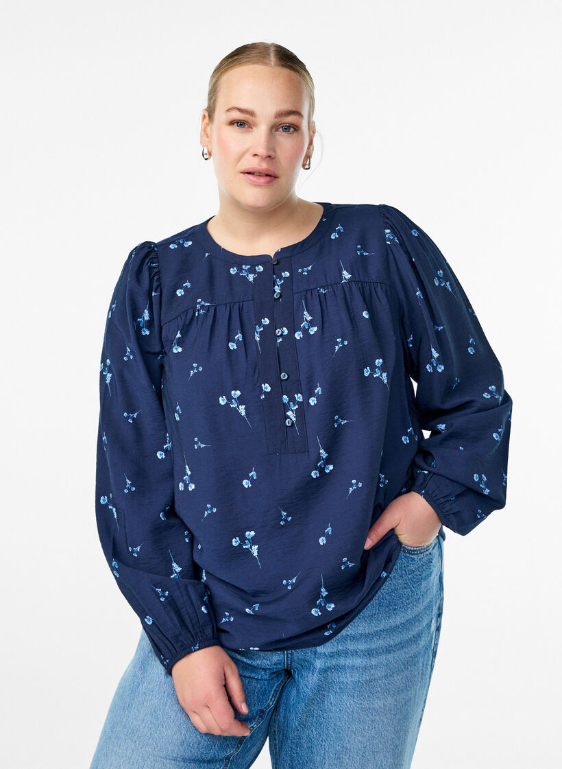 Blouse met knoopsluiting en kleine bloemen, Blauw, Model image number 0