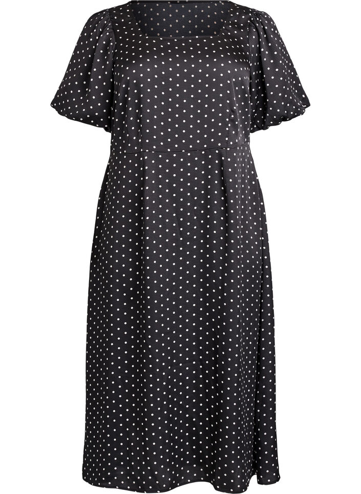 Polkadot midi-jurk met vierkante halslijn, Zwart, Packshot image number 0