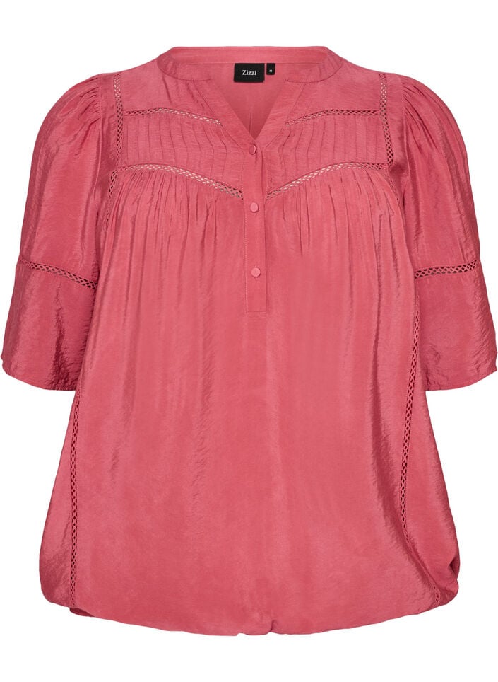 Viscose blouse met plooien en balloneffect, Roze, Packshot image number 0