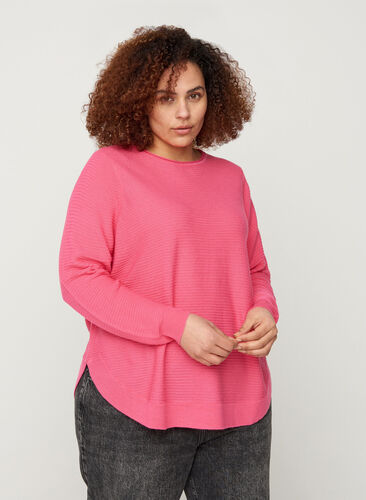 Blouse tricotée à encolure ronde, Hot Pink, Model image number 0