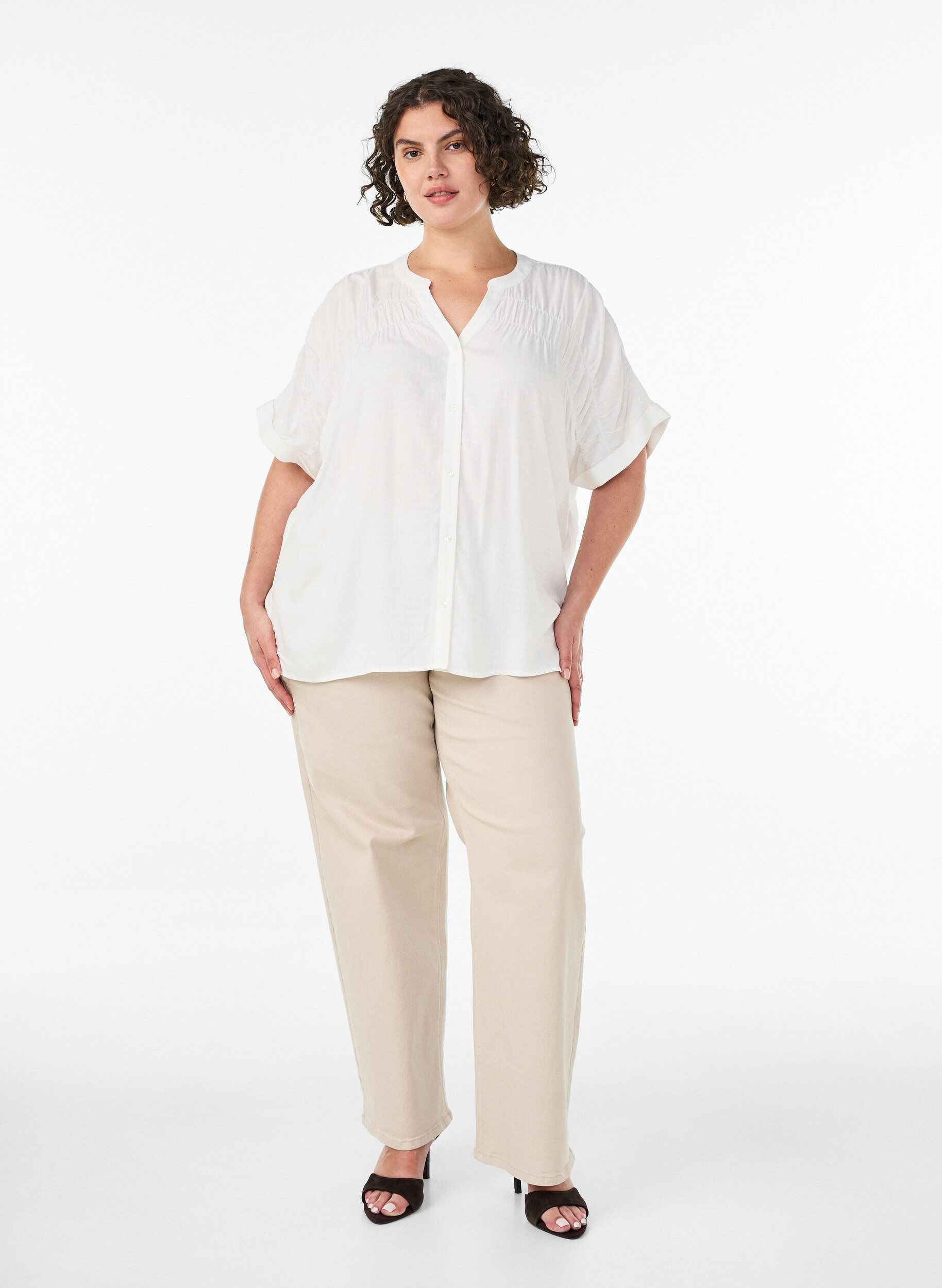 ZizziViscose blouse met korte mouwen en rimpeldetail, Vanille, Model image number 1
