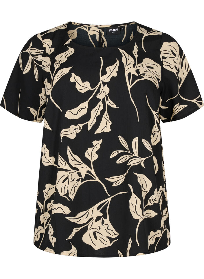FLASH - Blouse met korte mouwen en print, Black Off White Fl., Packshot image number 0
