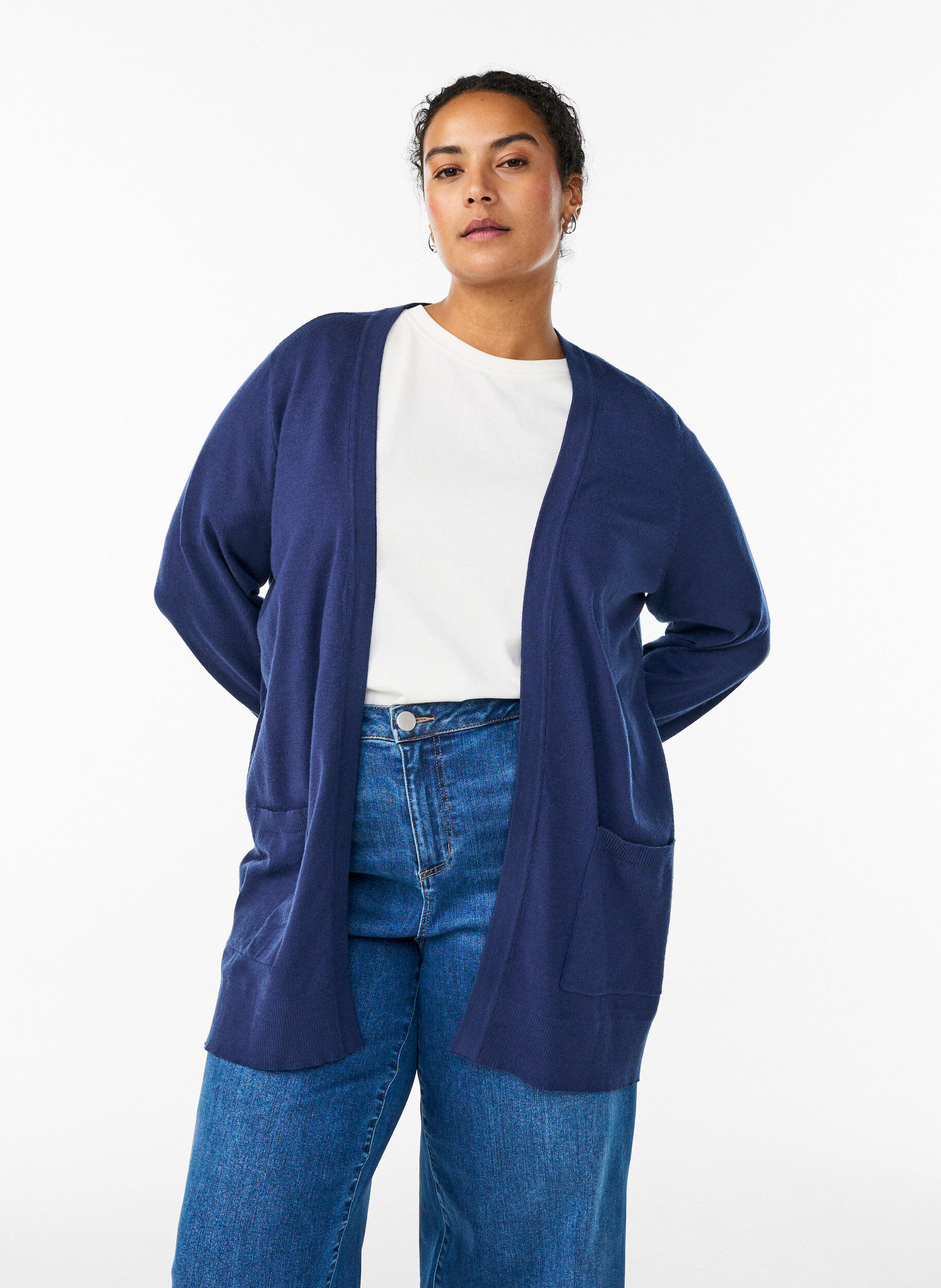 Cardigan long en maille ouvert avec poches, Bleu, Model