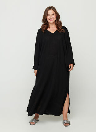 Robe maxi en coton manches longues , Black, Model image number 2